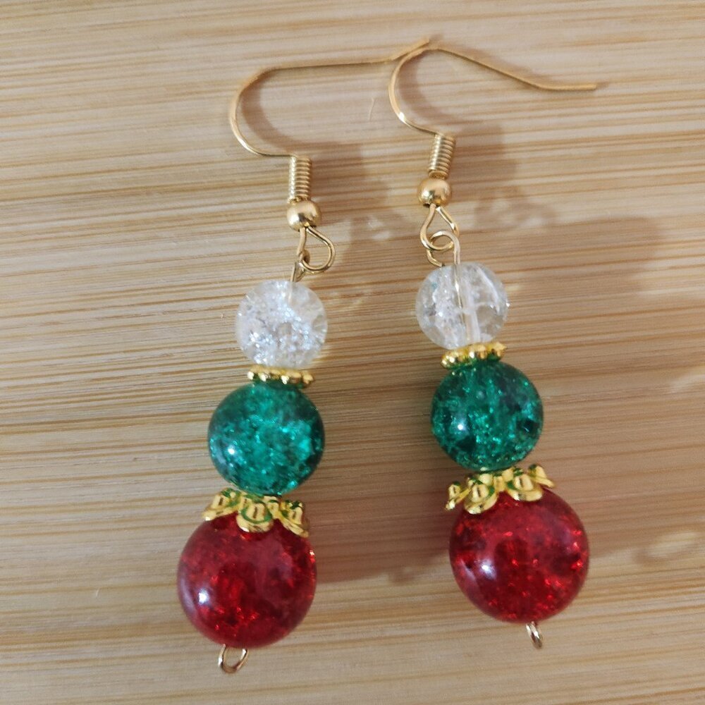 Hand Crafted Earrings Dangle Pierced Clear Green Red Gold 1 7/8' Christmas